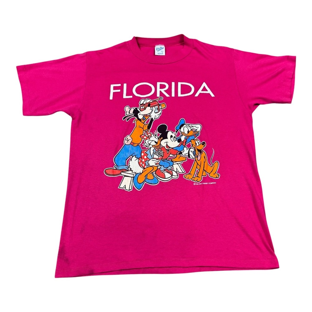 Vintage 80s 90s Velva Sheen Florida Disney Character Pink Shirt Men's Large FLAW
